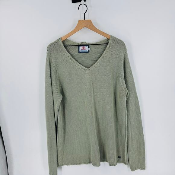 Luxury Vintage 100% Cotton Knit Sweater Sage Green Long Sleeve V-Neck 2XL - Picture 8 of 8